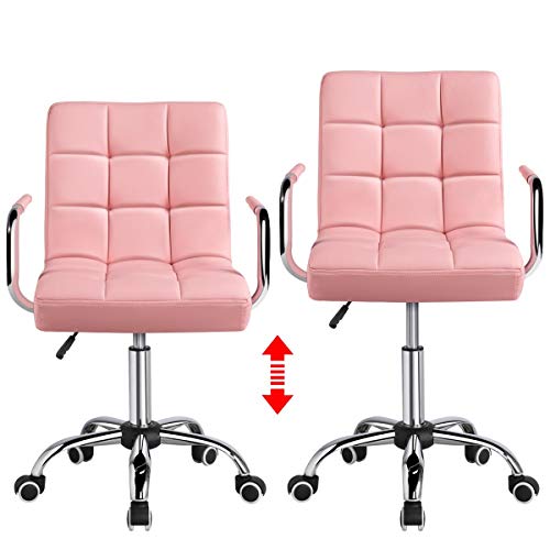 Yaheetech Desk Chairs with Wheels/Armrests Modern PU Leather Office Chair Height Adjustable Home Computer Executive Chair on Wheels 360° Swivel - Pink