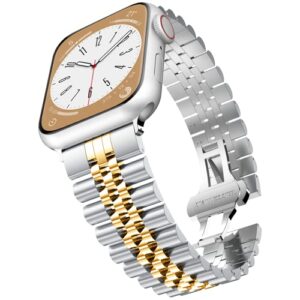 baozai compatible with apple watch 41mm 40mm 38mm, solid stainless steel iwatch band replacement for apple watch series 9/8/7/6/5/4/3/2/1/se for women, silver/gold, 41mm/40mm/38mm
