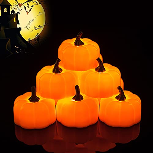 Homemory 12 Pack LED Pumpkin Lights, Halloween Pumpkins Battery Operated, Pumpkin Tea Lights, Light Up Jack O’ Lanterns for Halloween Decoration, Orange