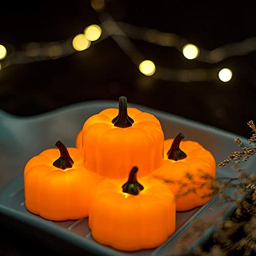 Homemory 12 Pack LED Pumpkin Lights, Halloween Pumpkins Battery Operated, Pumpkin Tea Lights, Light Up Jack O’ Lanterns for Halloween Decoration, Orange