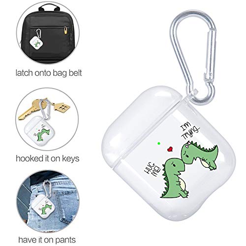 JOYLAND Soft Clear Case Cover for AirPod 1&2 w/Keychain Ring Carabiner Clip,Dinosaur Couple Case Transparent Wireless Earphone Case Smooth Anti-dust Flexible Silicone Protective Cover fr AirPods 1 & 2
