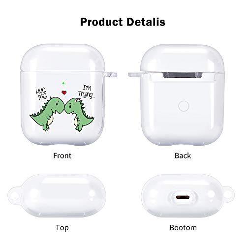 JOYLAND Soft Clear Case Cover for AirPod 1&2 w/Keychain Ring Carabiner Clip,Dinosaur Couple Case Transparent Wireless Earphone Case Smooth Anti-dust Flexible Silicone Protective Cover fr AirPods 1 & 2