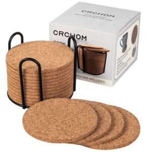crchom 16 pack cork coasters with metal holder 4 inch thick absorbent natural cup coasters heat resistant coasters for drinks, wine glasses, cups & mugs