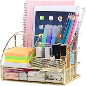 poprun desk organizers and accessories for women with drawer, cute desk supplies and stationary oganizer for home and office desk decor, metal mesh desk organization and storage (gold)