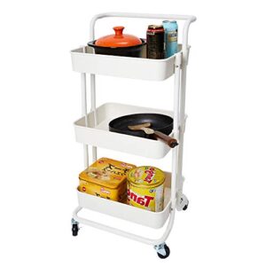 house day 3-tier rolling utility cart storage organization shelves with handle and lockable wheels multifunction storage trolley service cart easy assembly for kitchen, bathroom, office (white)