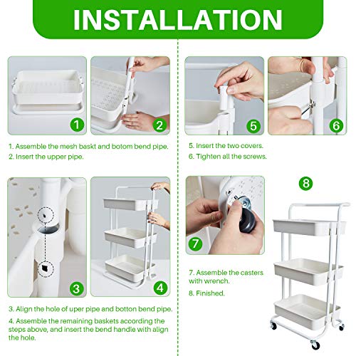 HOUSE DAY 3-Tier Rolling Utility Cart Storage Organization Shelves with Handle and Lockable Wheels Multifunction Storage Trolley Service Cart Easy Assembly for Kitchen, Bathroom, Office (White)