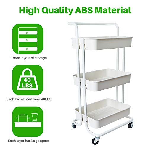 HOUSE DAY 3-Tier Rolling Utility Cart Storage Organization Shelves with Handle and Lockable Wheels Multifunction Storage Trolley Service Cart Easy Assembly for Kitchen, Bathroom, Office (White)