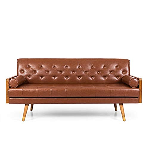 Christopher Knight Home Adelaide Mid-Century Modern Tufted Sofa with Rolled Accent Pillows, Cognac Brown, Dark Walnut, Gold