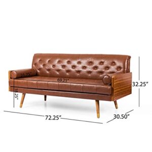 Christopher Knight Home Adelaide Mid-Century Modern Tufted Sofa with Rolled Accent Pillows, Cognac Brown, Dark Walnut, Gold