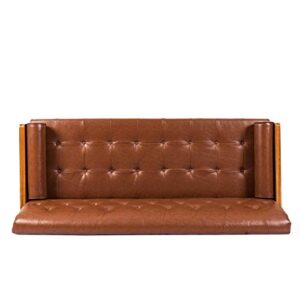 Christopher Knight Home Adelaide Mid-Century Modern Tufted Sofa with Rolled Accent Pillows, Cognac Brown, Dark Walnut, Gold