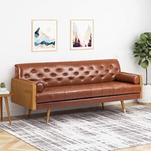 Christopher Knight Home Adelaide Mid-Century Modern Tufted Sofa with Rolled Accent Pillows, Cognac Brown, Dark Walnut, Gold