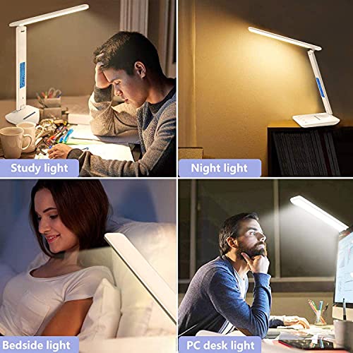 LAOPAO LED Desk Lamp with Wireless Charger, USB Charging Port, Adjustable Foldable ​Table Lamp with Clock, Alarm, Date, Temperature, 5-Level Dimmable ​Lighting​, Office Lamp with Adapter, White