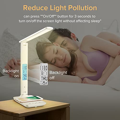 LAOPAO LED Desk Lamp with Wireless Charger, USB Charging Port, Adjustable Foldable ​Table Lamp with Clock, Alarm, Date, Temperature, 5-Level Dimmable ​Lighting​, Office Lamp with Adapter, White