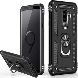 galaxy s9 plus military grade case, 16ft drop tested, magnetic ring kickstand, car mount compatible, slim fit protective cover - black