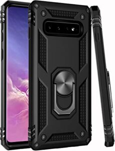galaxy s10+ plus case, military grade drop tested, magnetic ring kickstand, car mount compatible, protective black cover