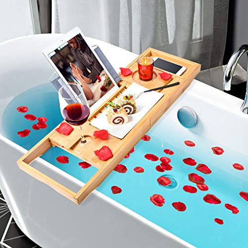 Bamboo Bathtub Trays Bath Table Expandable Luxury Caddy Tray with Extending Sides, Cellphone,Book,Tray and Wineglass Holder- Gift Idea for Loved Ones