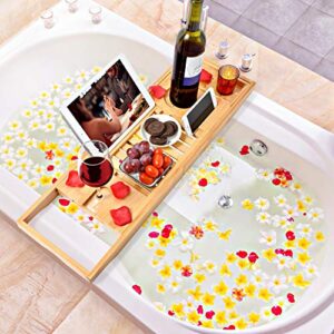 Bamboo Bathtub Trays Bath Table Expandable Luxury Caddy Tray with Extending Sides, Cellphone,Book,Tray and Wineglass Holder- Gift Idea for Loved Ones