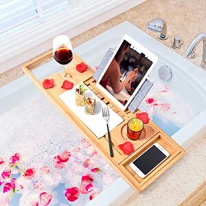 Bamboo Bathtub Trays Bath Table Expandable Luxury Caddy Tray with Extending Sides, Cellphone,Book,Tray and Wineglass Holder- Gift Idea for Loved Ones