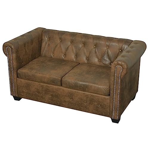 vidaXL Sofa, Upholstered Settee Couch Sofa with Tufted Arms, Chesterfield Loveseat for Home Living Room Bedroom Office, Brown Faux Leather