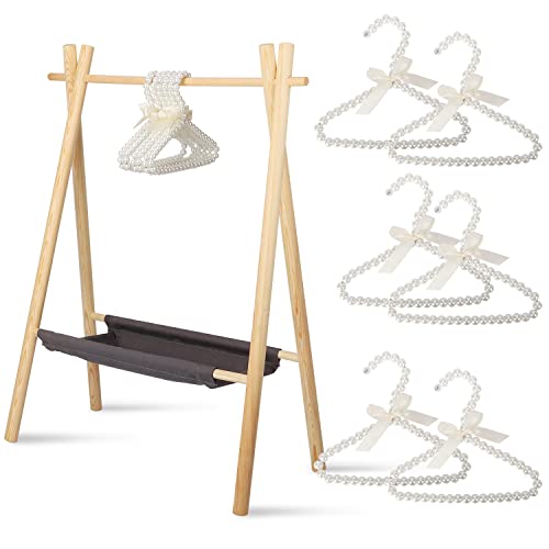 awagas Garment Rack with 6Pcs Pearl Hangers for Pets/Dolls/Baby，Wooden Kids Baby Clothing Rack Storage Shelf Small Clothes Rack Baby Clothes Rack 29.53" Hx 20.47" W x11.81 D for Baby Toddler Doll Pet