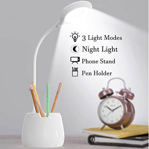 kolpop Desk Lamps for Home Office, Rechargeable Led Desk Lamp with USB Charging Port & Pen Phone Holder 3 Dimming Levels & Night Light Mode 360° Flexible Goose Neck LED Desk Light Desk Lamps for Kids