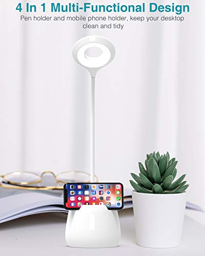 kolpop Desk Lamps for Home Office, Rechargeable Led Desk Lamp with USB Charging Port & Pen Phone Holder 3 Dimming Levels & Night Light Mode 360° Flexible Goose Neck LED Desk Light Desk Lamps for Kids