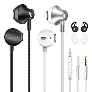 wired earphones with microphone [2-pack] fasgear in ear headphones with mic & volume remote deep bass stereo sound 3.5mm jack earbuds for iphone,galaxy s10/s9/note 8,ipad pro,ipod,laptops, black-white