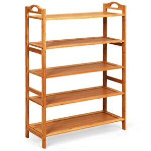 giantex bamboo shoe rack 5 tier, freestanding shoe rack with two rounded handle for 15 pairs, entryway standing shoe storage organizer for kitchen, living room, entryway (5-tier)