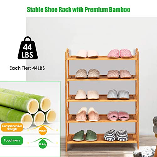 Giantex Bamboo Shoe Rack 5 Tier, Freestanding Shoe Rack with Two Rounded Handle for 15 Pairs, Entryway Standing Shoe Storage Organizer for Kitchen, Living Room, Entryway (5-Tier)