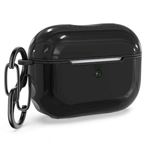 oretech designed for airpods pro case cover heavy duty protective 2 in1 hybrid hard pc silicone rubber carbon fiber with carabiner full body cover for airpods pro accessories(led visible) - black