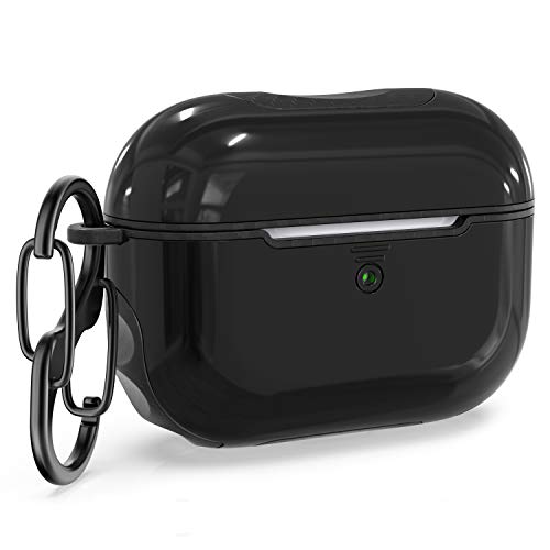 ORETECH Designed for Airpods Pro Case Cover Heavy Duty Protective 2 in1 Hybrid Hard PC Silicone Rubber Carbon Fiber with Carabiner Full Body Cover for Airpods Pro Accessories(LED Visible) - Black