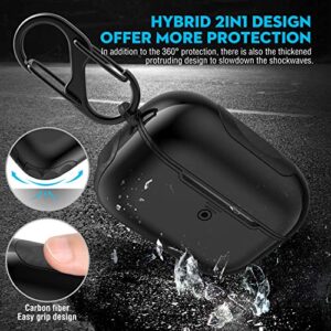 ORETECH Designed for Airpods Pro Case Cover Heavy Duty Protective 2 in1 Hybrid Hard PC Silicone Rubber Carbon Fiber with Carabiner Full Body Cover for Airpods Pro Accessories(LED Visible) - Black