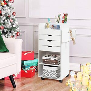 Tangkula Rolling Storage Drawer Cart, Home Office Mobile Drawer Cart, Wooden Utility Cart Storage Cabinet w/ 3 Drawers & 3 Open Storage Shelves, Paper Organizer w/Lockable Casters