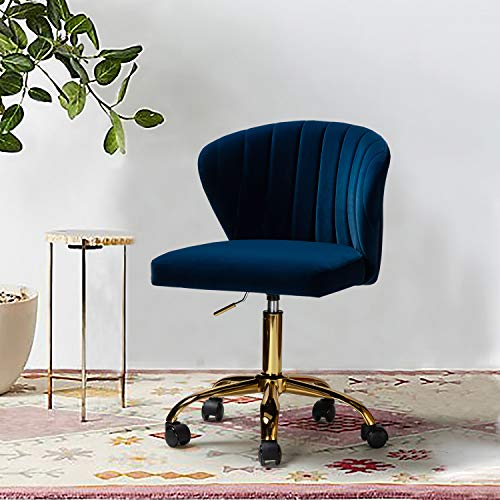 TINA'S HOME Office Desk Chairs with Wheels & Gold Base, Modern Velvet Cute Armless Office Chair, Adjustable Low Back Swivel Rolling Chair, Upholstered Task Chair for Living Room Vanity Study-Navy