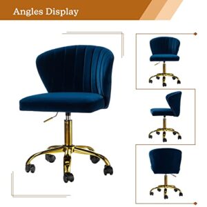 TINA'S HOME Office Desk Chairs with Wheels & Gold Base, Modern Velvet Cute Armless Office Chair, Adjustable Low Back Swivel Rolling Chair, Upholstered Task Chair for Living Room Vanity Study-Navy