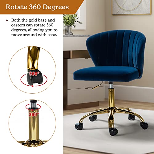 TINA'S HOME Office Desk Chairs with Wheels & Gold Base, Modern Velvet Cute Armless Office Chair, Adjustable Low Back Swivel Rolling Chair, Upholstered Task Chair for Living Room Vanity Study-Navy