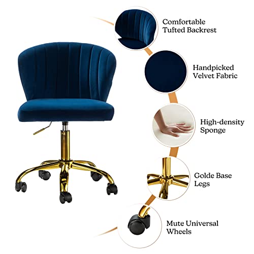 TINA'S HOME Office Desk Chairs with Wheels & Gold Base, Modern Velvet Cute Armless Office Chair, Adjustable Low Back Swivel Rolling Chair, Upholstered Task Chair for Living Room Vanity Study-Navy