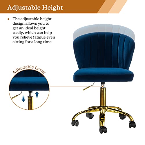 TINA'S HOME Office Desk Chairs with Wheels & Gold Base, Modern Velvet Cute Armless Office Chair, Adjustable Low Back Swivel Rolling Chair, Upholstered Task Chair for Living Room Vanity Study-Navy