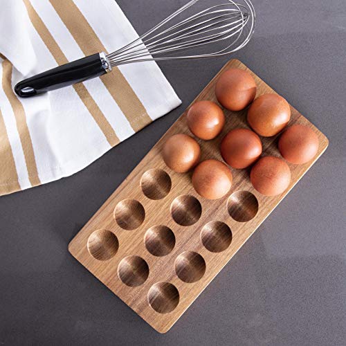 Wooden Egg Holder by ILLATO, Premium Acacia Wood Egg Tray, 18 Holes Egg Plate, Freezer, Tabletop Display or Refrigerator Storage, Deviled Egg Tray, Egg Holder Countertop, Wooden Egg Skelter