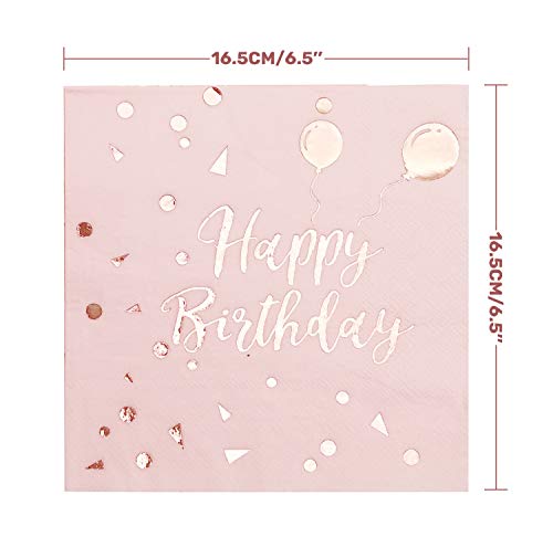 MOVINPE Pink Napkins Rose Gold Happy Birthday 50pcs, Paper Napkin Folding 3 Layers Disposable Tableware Dinnerware for Birthday Anniversary Rose Gold Party Decoration Cocktail Supplies