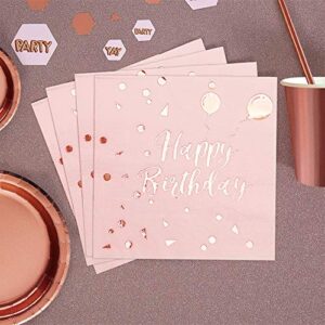 MOVINPE Pink Napkins Rose Gold Happy Birthday 50pcs, Paper Napkin Folding 3 Layers Disposable Tableware Dinnerware for Birthday Anniversary Rose Gold Party Decoration Cocktail Supplies