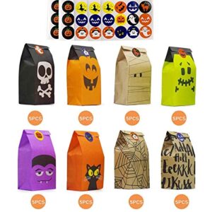 kalolary 40pcs halloween trick or treat goody gags in 8 designs, paper gift bags party favor candy bags with 60pcs trick-or-treat stickers for halloween decoration