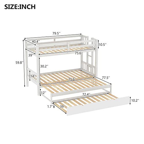 Flieks Twin Over Twin/King Bunk Beds with Trundle, Twin Over Pull-Out bunk Bed Accommodate 4 People for Kids, Adult, No Box Spring Needed