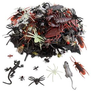 kalolary 150 pieces black plastic spiders bugs halloween prank toys, realistic fake insect rats bats roaches geckoes centipedes flies, for kids halloween party decorations favors