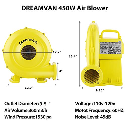 Air Blower for Inflatables- Inflatable Blower 450 Watt,0.6 HP Bounce House Blower for Jumper, Bouncy Castle Yellow Electric Air Pump Fan Commercial Blower