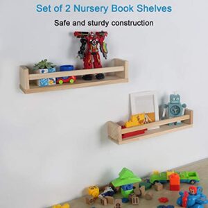 Wood Nursery Book Shelves Set of 2, Floating Bookshelf for Kids Room, Floating Nursery Shelves for Baby Nursery Decor (Natural Wood)