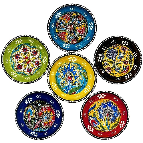 HeraCraft 6pcs Hand Painted Turkish Ceramic Snack Bowls 3.35''/8.5cm-74ml/2.5 oz Decorative Ottoman Tulips Design Multi-Purpose Cute Set - Pinch Sauce Dipping Finger Small Serving Bowls