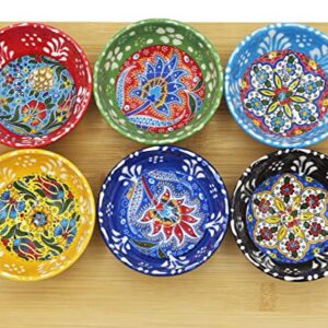 HeraCraft 6pcs Hand Painted Turkish Ceramic Snack Bowls 3.35''/8.5cm-74ml/2.5 oz Decorative Ottoman Tulips Design Multi-Purpose Cute Set - Pinch Sauce Dipping Finger Small Serving Bowls