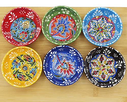 HeraCraft 6pcs Hand Painted Turkish Ceramic Snack Bowls 3.35''/8.5cm-74ml/2.5 oz Decorative Ottoman Tulips Design Multi-Purpose Cute Set - Pinch Sauce Dipping Finger Small Serving Bowls