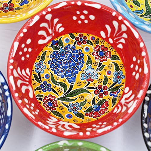 HeraCraft 6pcs Hand Painted Turkish Ceramic Snack Bowls 3.35''/8.5cm-74ml/2.5 oz Decorative Ottoman Tulips Design Multi-Purpose Cute Set - Pinch Sauce Dipping Finger Small Serving Bowls